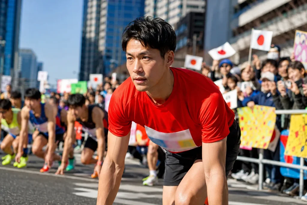 biegacz na linii startowej maratonu w Tokio, kibice z transparentami zachęty
