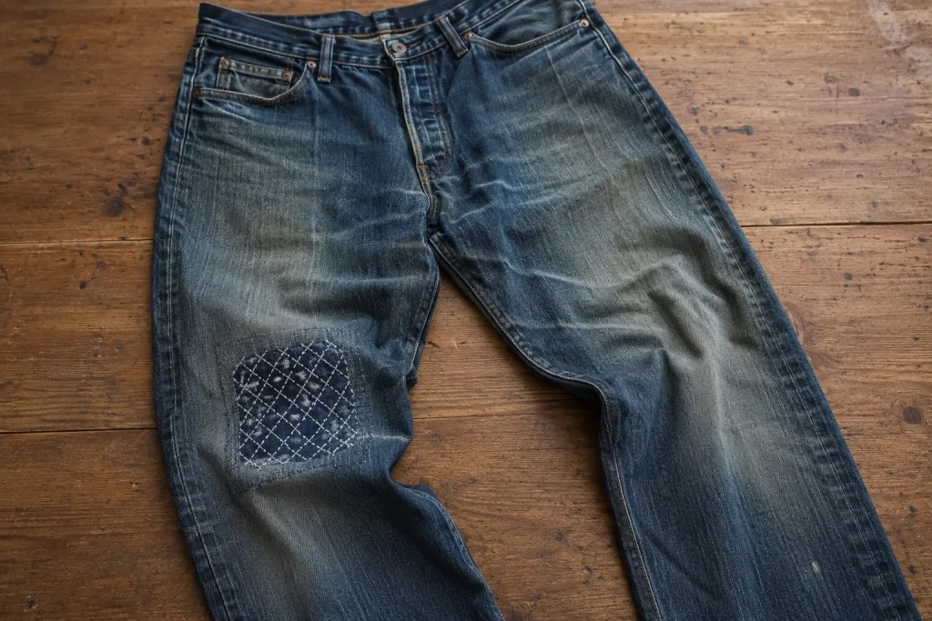 para jeansów leżąca na drewnianym stole z naprawionym przy użyciu sashiko fragmentem materiału w okolicy kolana