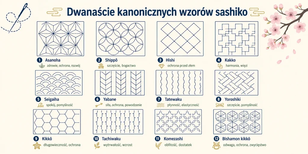 Dwanaście kanonicznych wzorów sashiko z nazwą i symboliką