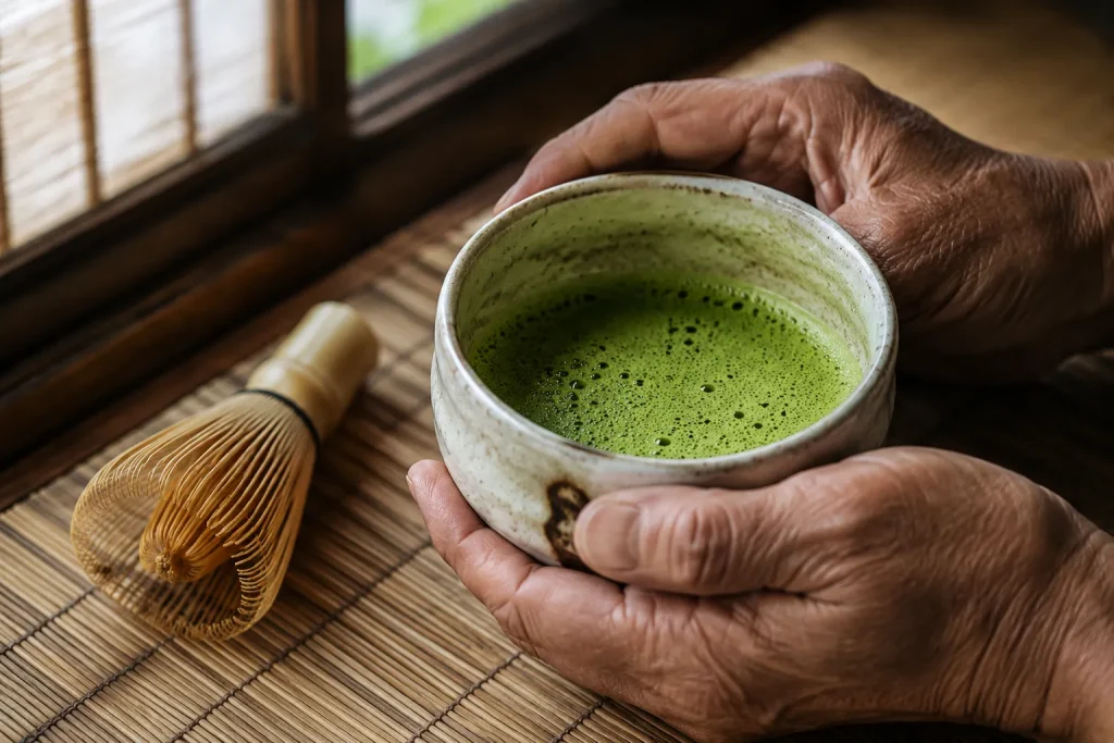starszy mężczyzna parzący zieloną herbatę matcha w tradycyjnej ceramicznej miseczce