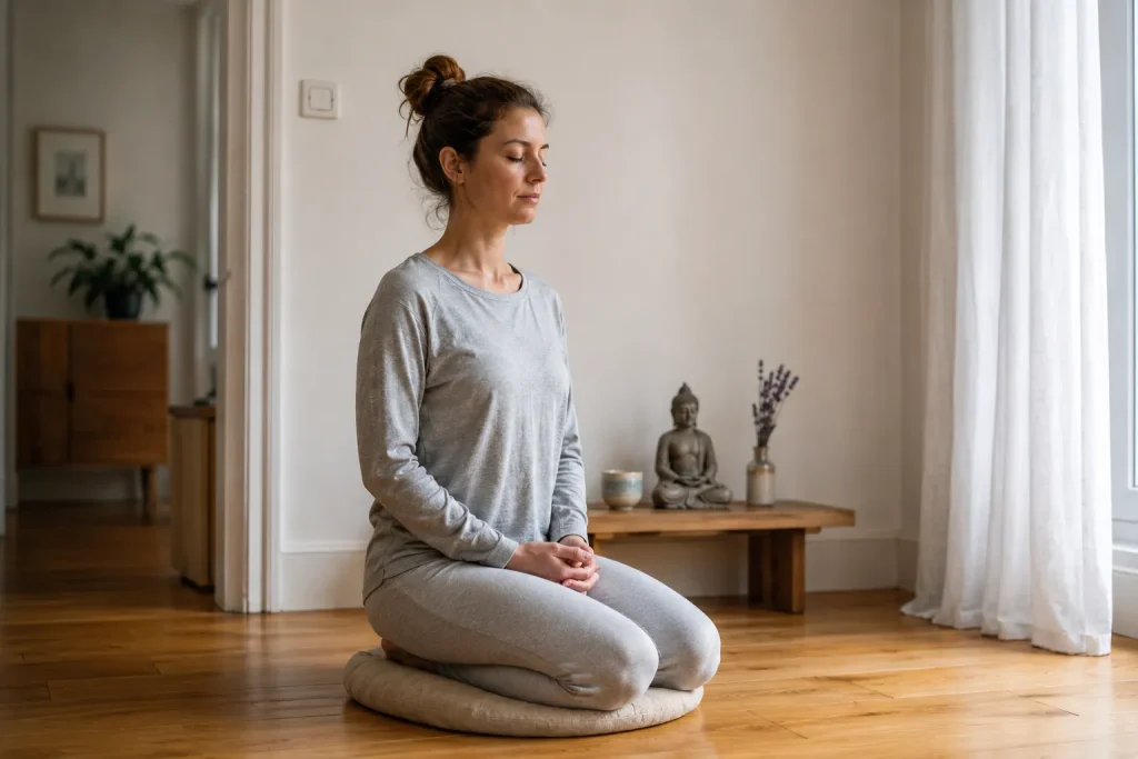 kobieta siedząca w spokojnej pozie zazen w polskim mieszkaniu z białymi ścianami obok niskiego stolika z herbatą