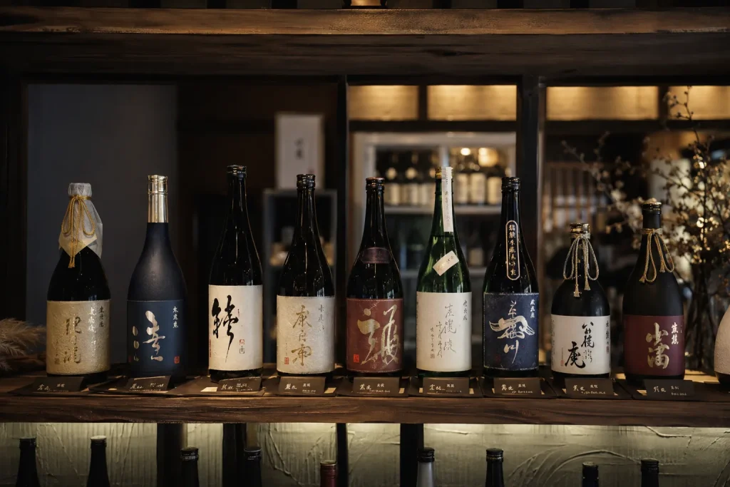 różne butelki sake o różnych etykietach stojące rzędem na drewnianej półce w sklepie z japońskimi alkoholami