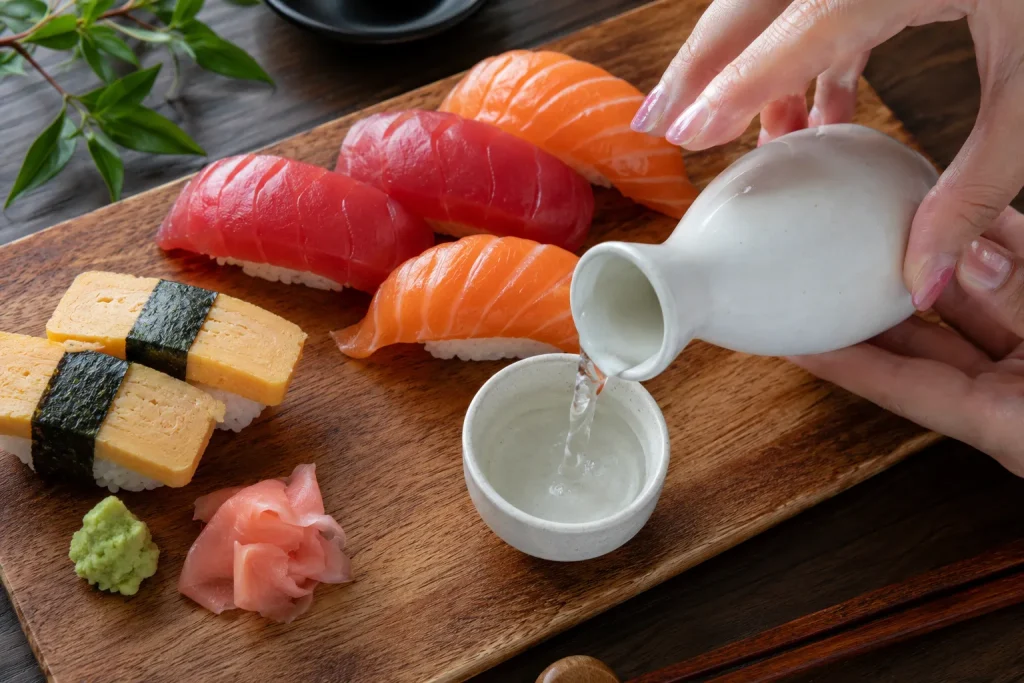 dłonie nalewające sake z białej ceramicznej karafki tokkuri do małej czarki ochoko nad zestawem sushi na drewnianej desce