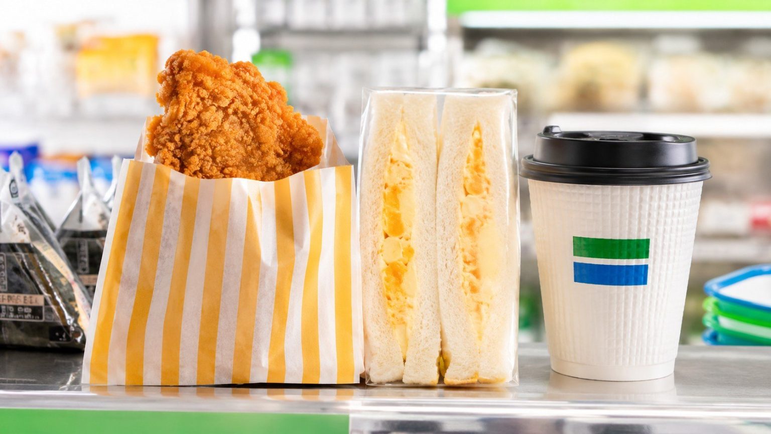 Konbini food w Japonii: sprawdzamy, co kupić w 7-Eleven, Lawson i FamilyMart, od onigiri i bento po tamago sando, Famichiki, desery Lawson i kawę z automatu.